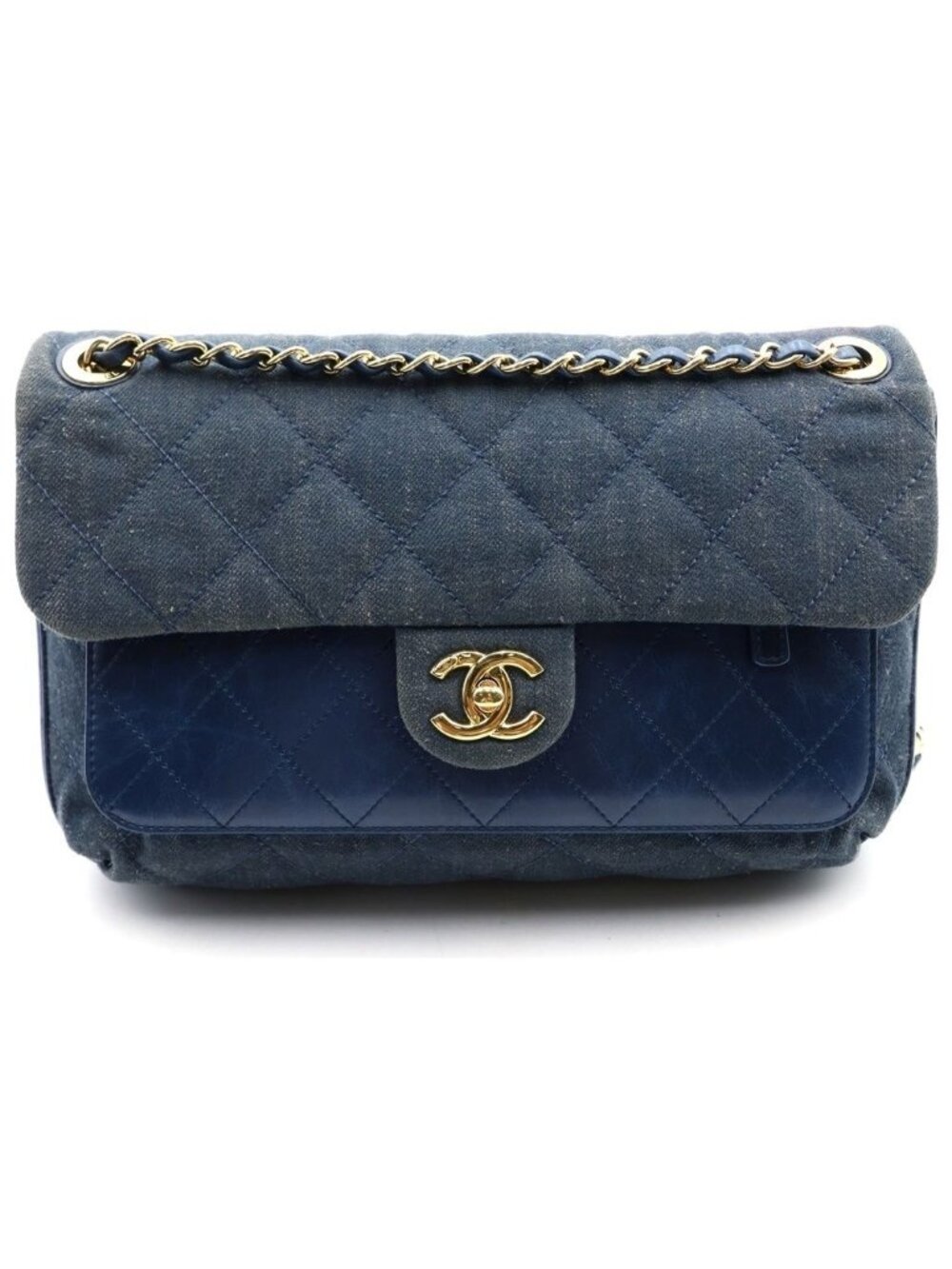 Chanel Quilted Denim Chain Shoulder Bag Indigo Blue Leather Gold